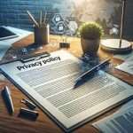 Documento intitolato Privacy Policy su una scrivania con penna, occhiali e pianta, circondato da icone digitali di sicurezza informatica