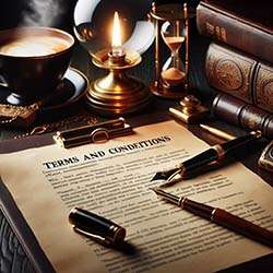Legal documents with the words Terms and Conditions written on them, placed on a desk next to fountain pens, antique books, an hourglass, and an oil lamp.