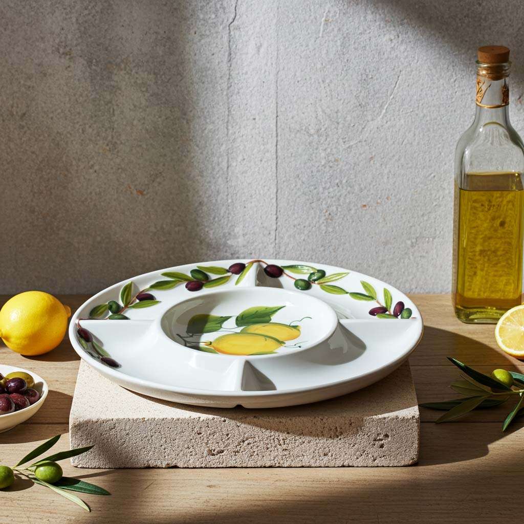 details of a ceramic appetizer tray decorated with lemons and olives on a white background, suitable for all kinds of appetizers