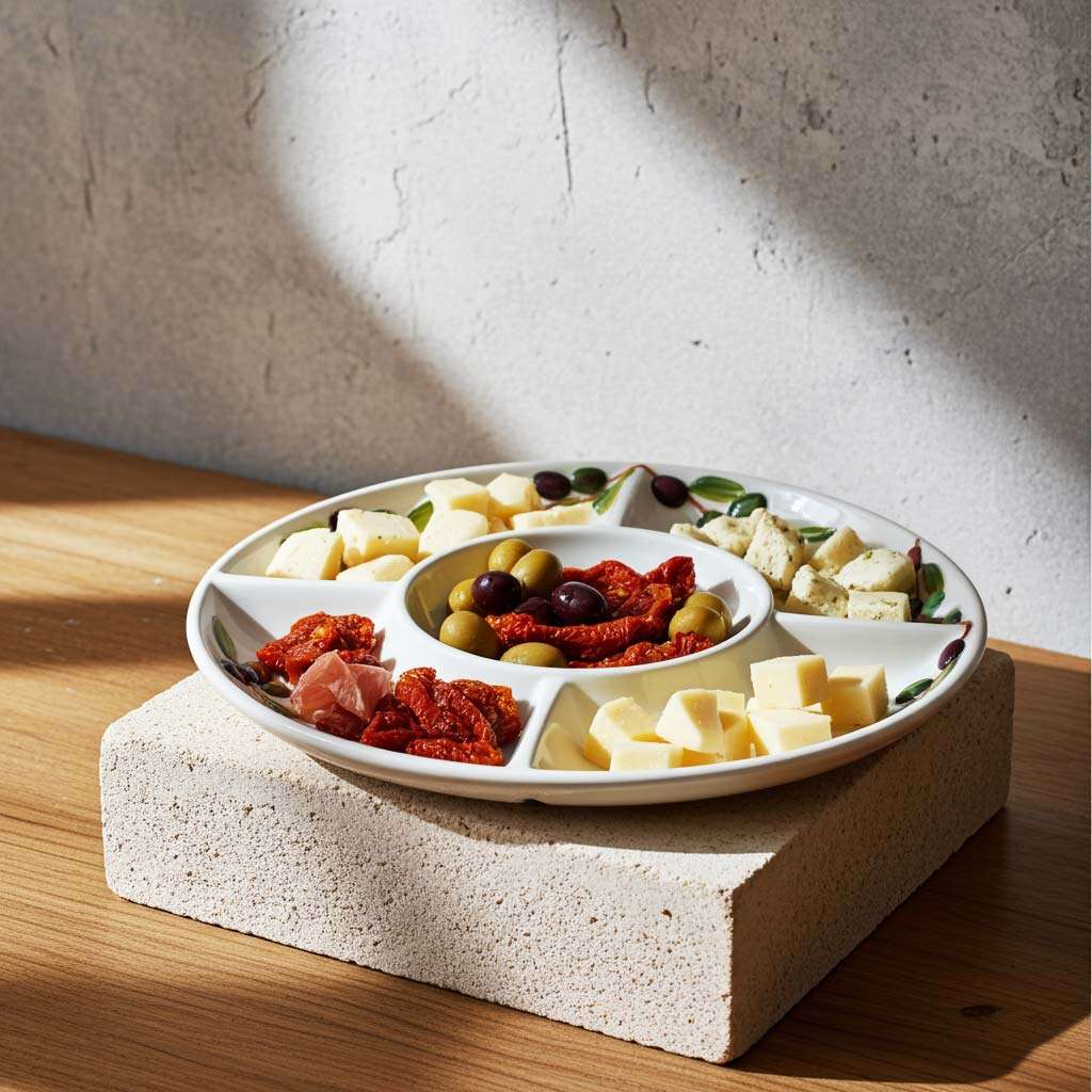 details of a ceramic appetizer tray decorated with lemons and olives on a white background, suitable for all kinds of appetizers