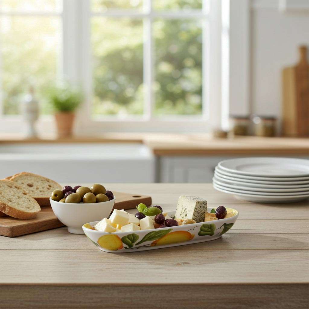 barchetta in ceramica bianca decorata con limoni e foglie su sfondo bianco