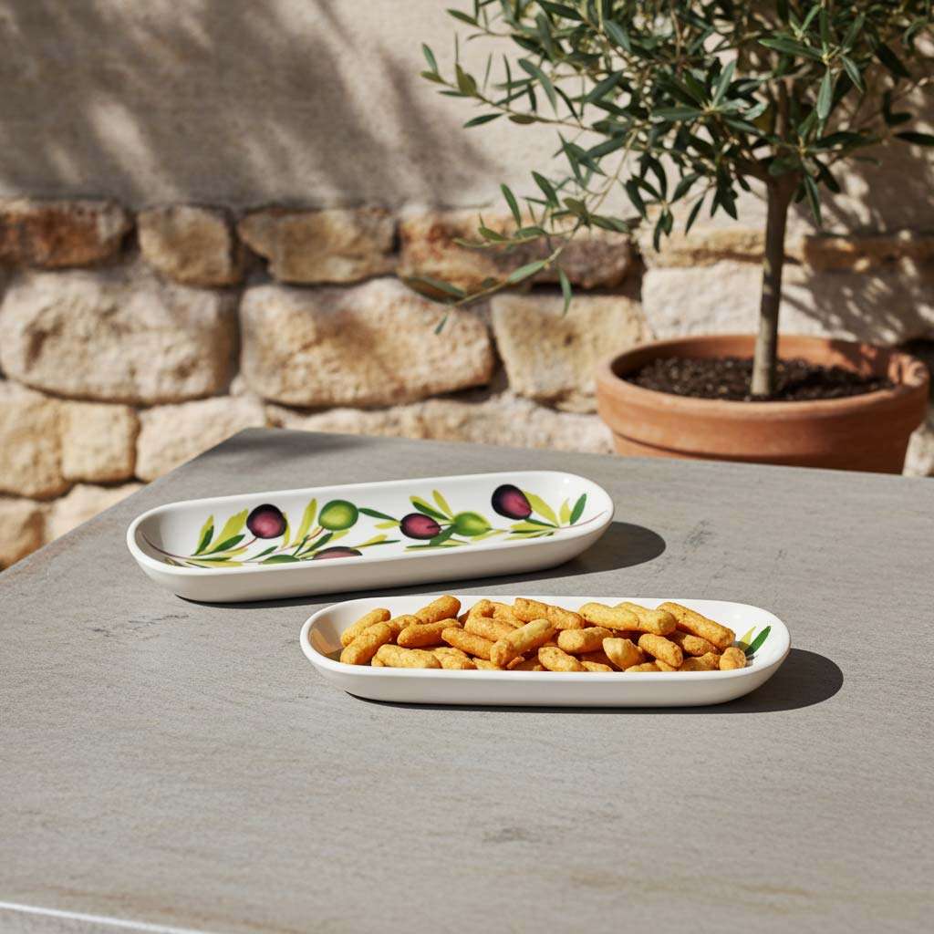 porta olive in ceramica bianca a forma di barchetta decorato con olive su sfondo bianco