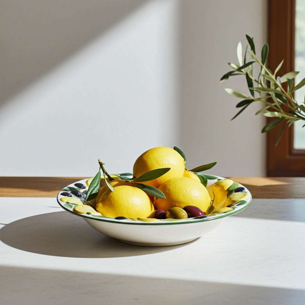 ceramic bowl decorated with lemons and olives on a white background
