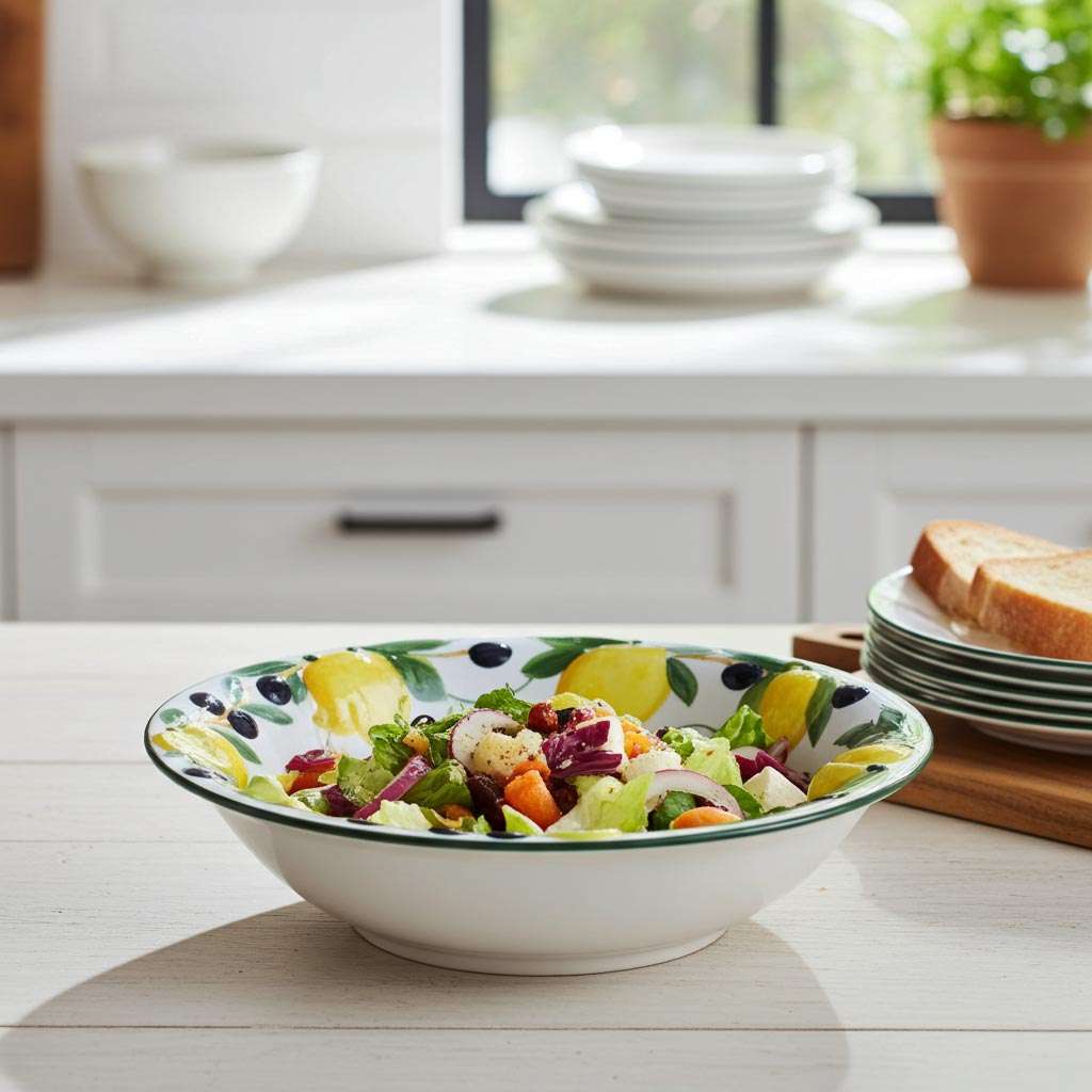 detail of ceramic bowl decorated with lemons and olives on a white background