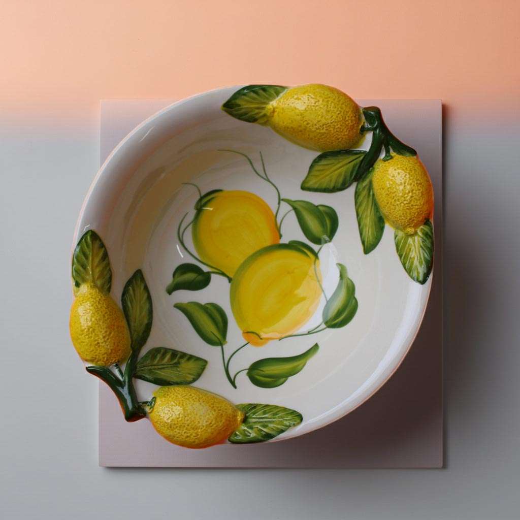 bolo in ceramica con manici decorato in limoni e foglie su sfondo bianco