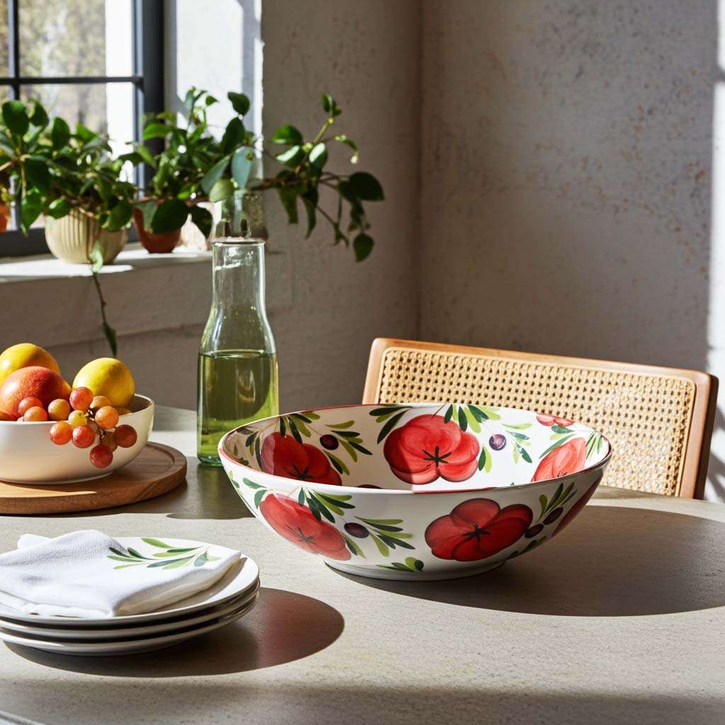 ciotola grande del set di ceramiche italiane formato da ciotole, in varie misure, decorate in pomodoro e oliva su sfondo bianco