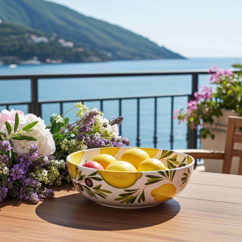 Large Ceramic Bowls with Lemon and Olive Design on a white background