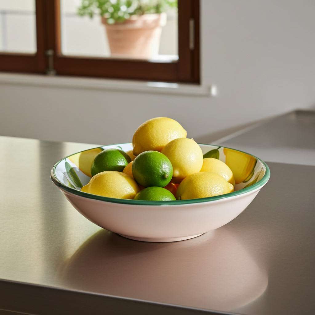 white ceramic bowl decorated with lemons and leaves on a white background