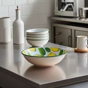 white ceramic bowl decorated with lemons and leaves on a white background