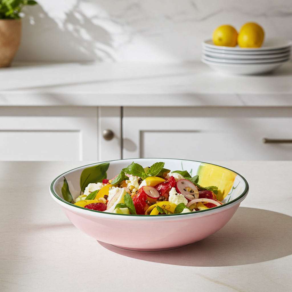 terracotta bowl with lemon and leaf decoration on a white background