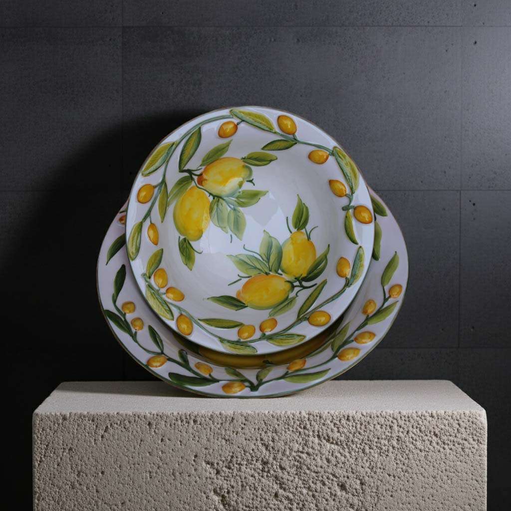 Ceramic Bowl and Dish with Lemon Decor on White Background
