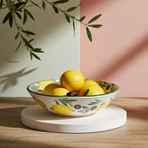 ciotola decorata a mano con decoro limoni e olive su sfondo bianco