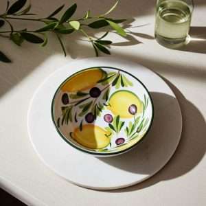 Ceramic Bowl with Lemon and Olive Design on a white background