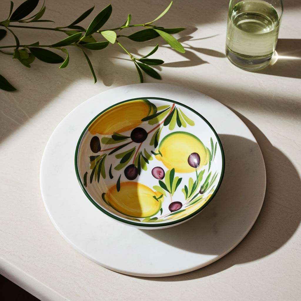 Ceramic Bowl with Lemon and Olive Design on a white background