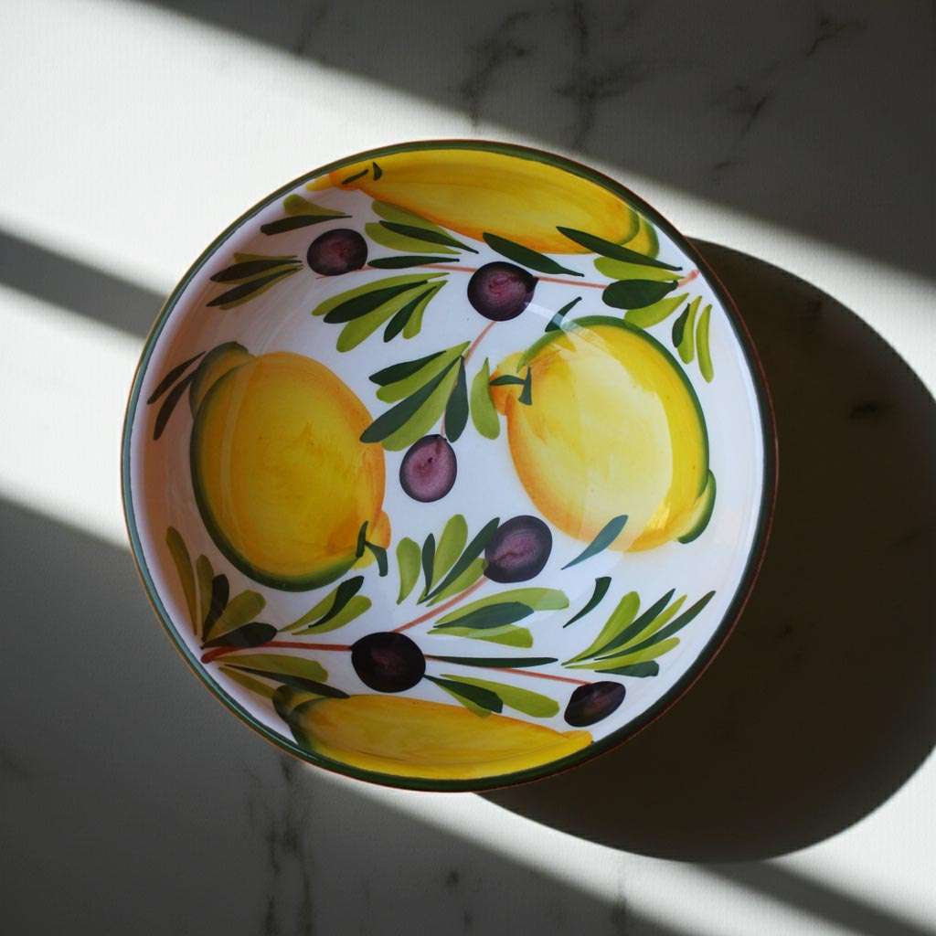 details of Ceramic Bowl with Lemon and Olive Design on a white background