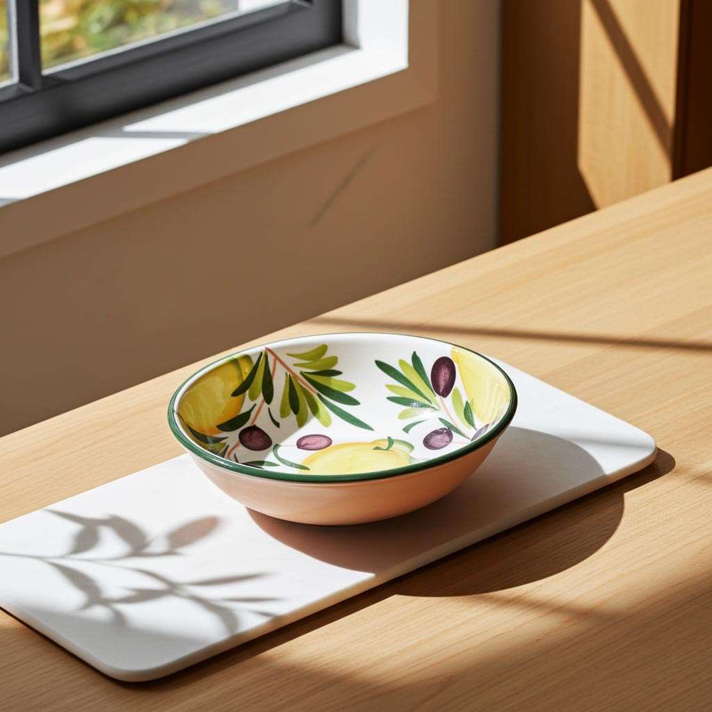 Ceramic Bowl with Lemon and Olive Design on a white background