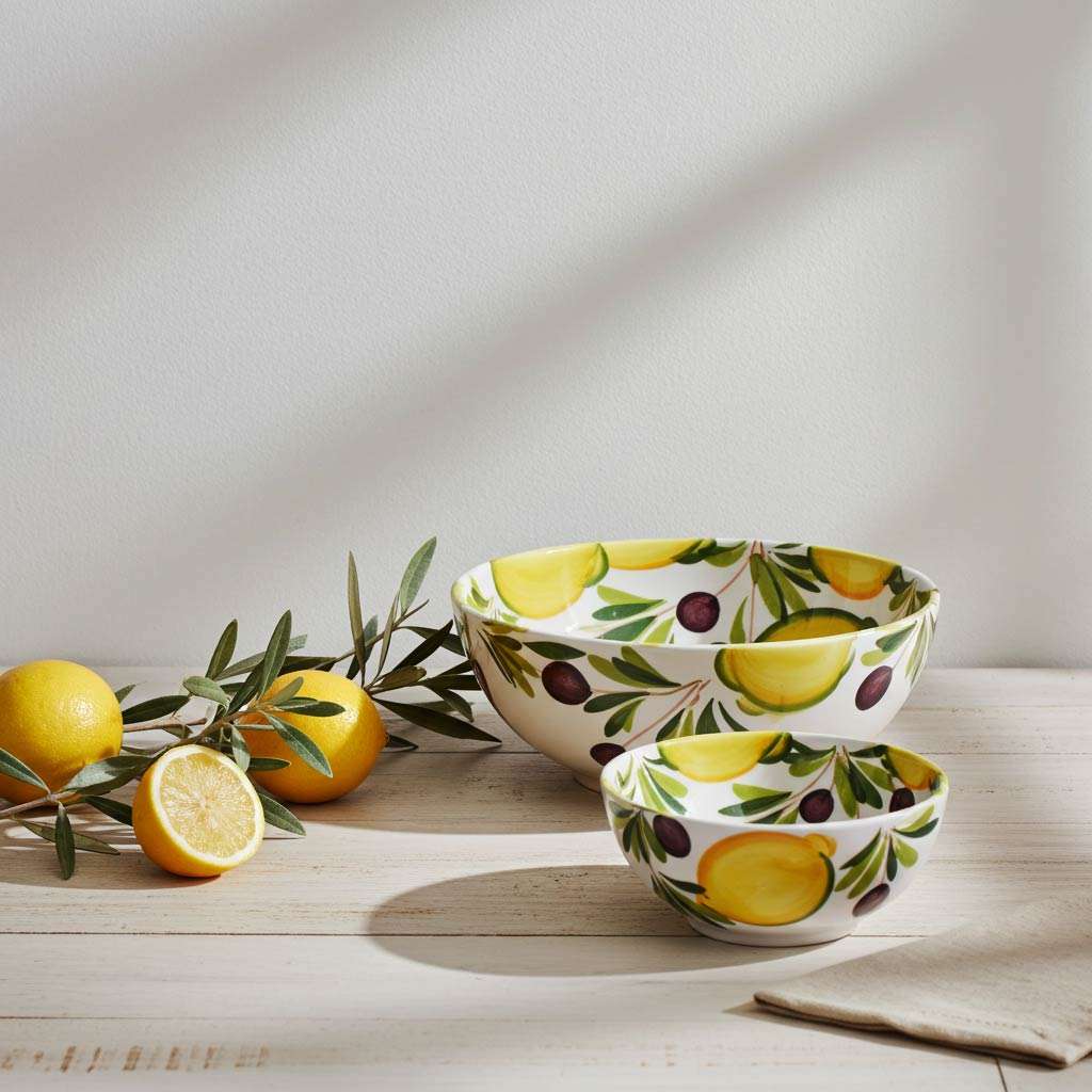 details of Ceramic Bowls in various sizes with Lemon and Olive Design on a white background