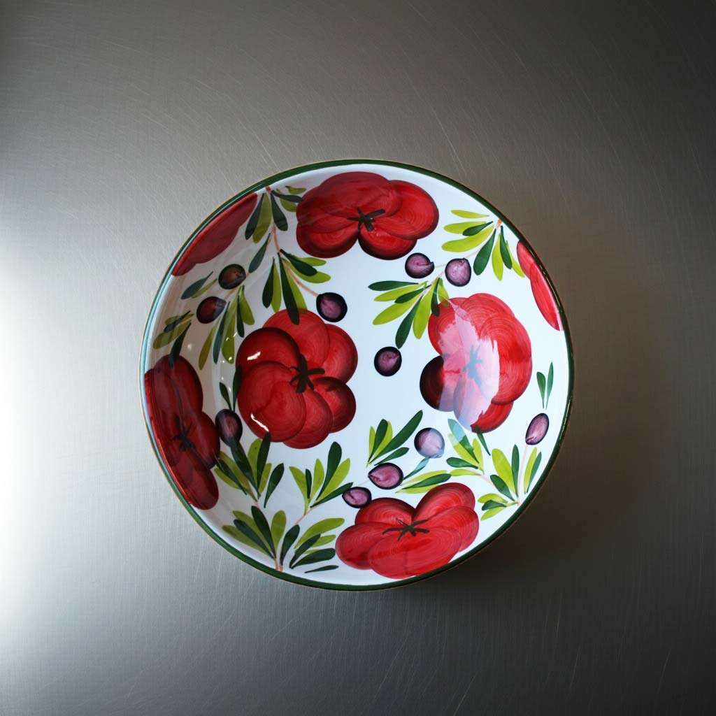 ciotola ceramica bianca con decoro pomodoro e oliva su sfondo bianco