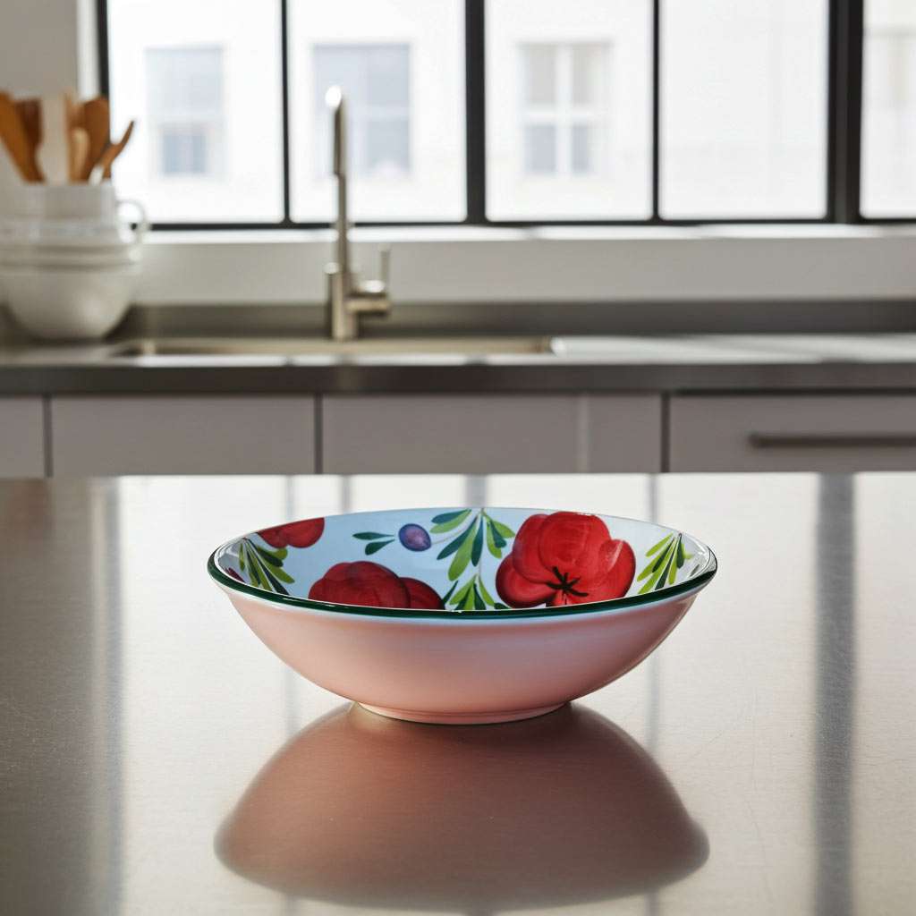 white ceramic bowl with tomato and olive design on a white background