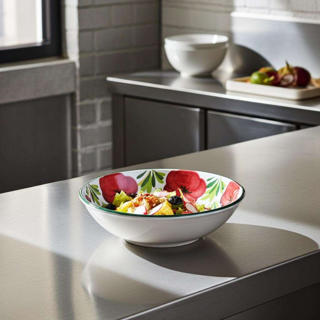 white ceramic bowl with tomato and olive design on a white background