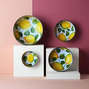 dettagli di set di ciotole per la cucina decorate con limoni e foglie su sfondo bianco