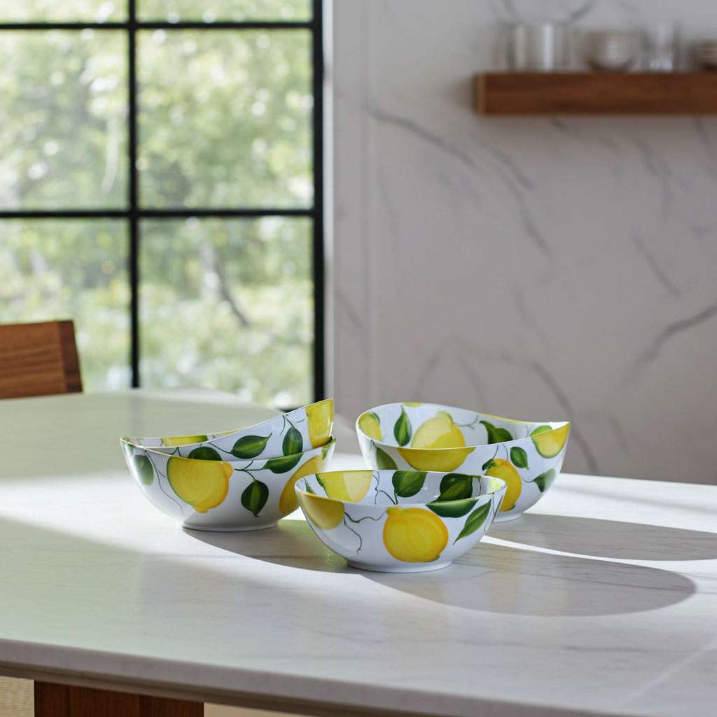 White ceramic containers with lemon and leaf decoration on a white background