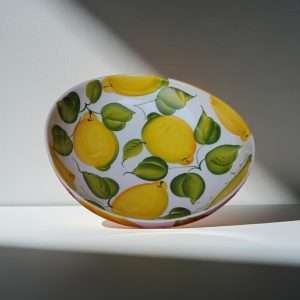 ceramic jade is a bowl decorated with lemons and leaves on a white background