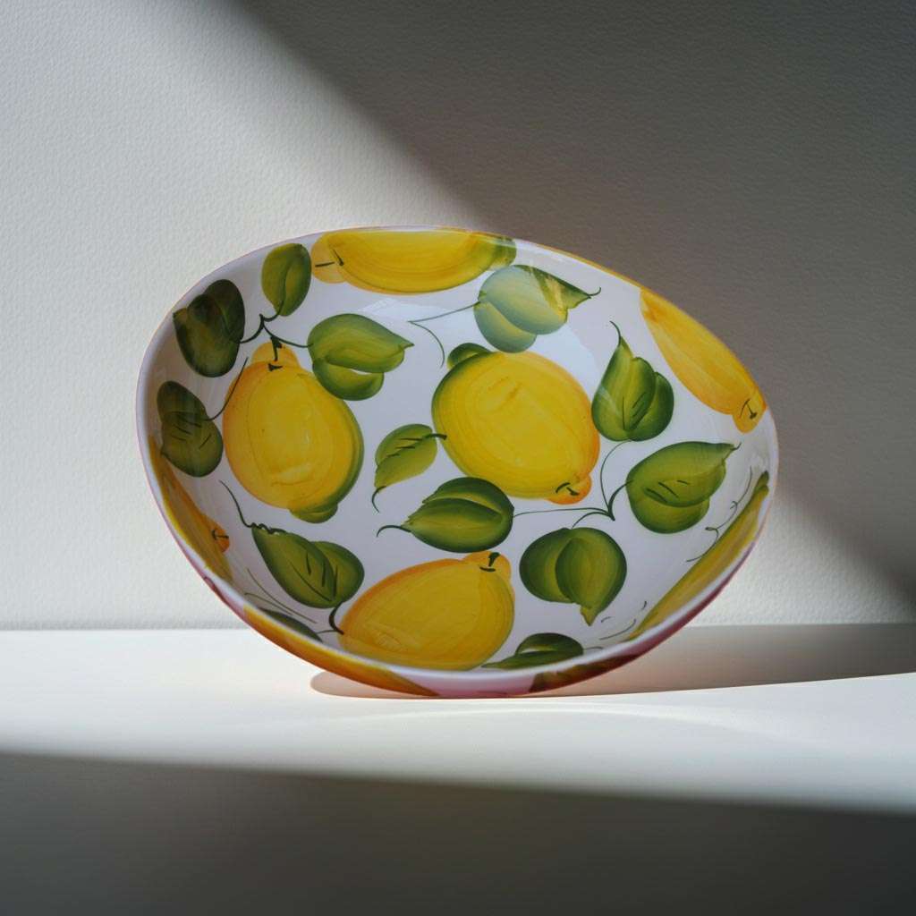 ceramic jade is a bowl decorated with lemons and leaves on a white background