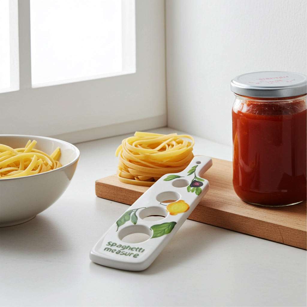 misura spaghetti in ceramica decorati con limoni, foglie e olive su sfondo bianco