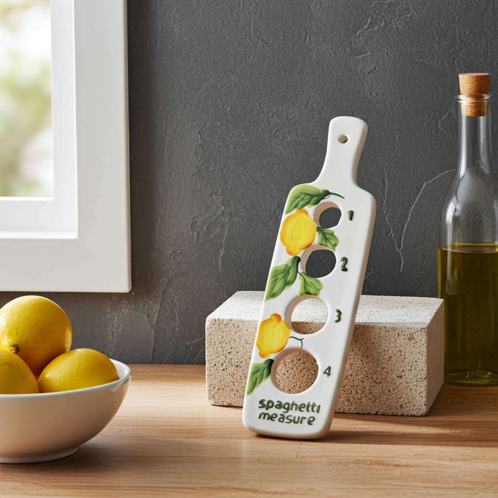 misura spaghetti in ceramica decorato con limone, foglie e olive su sfondo bianco