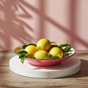 details of priest's hat plate in ceramic decorated with lemons and leaves on a white background