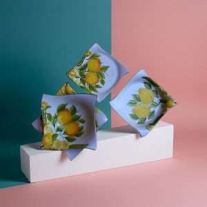Details of ceramic plate, bowl, and salad bowl set with lemon and leaf design on white background