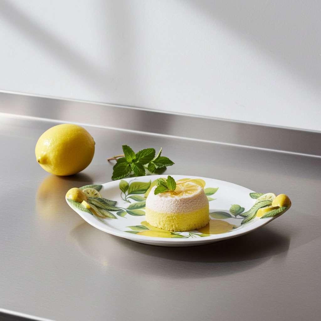 Handcrafted Dessert Plate and Dinner Plate with Lemon and Leaf Decor on a White Background