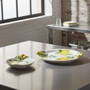piatto per dolce e piatto piano artigianale con decoro limone e foglie su sfondo bianco