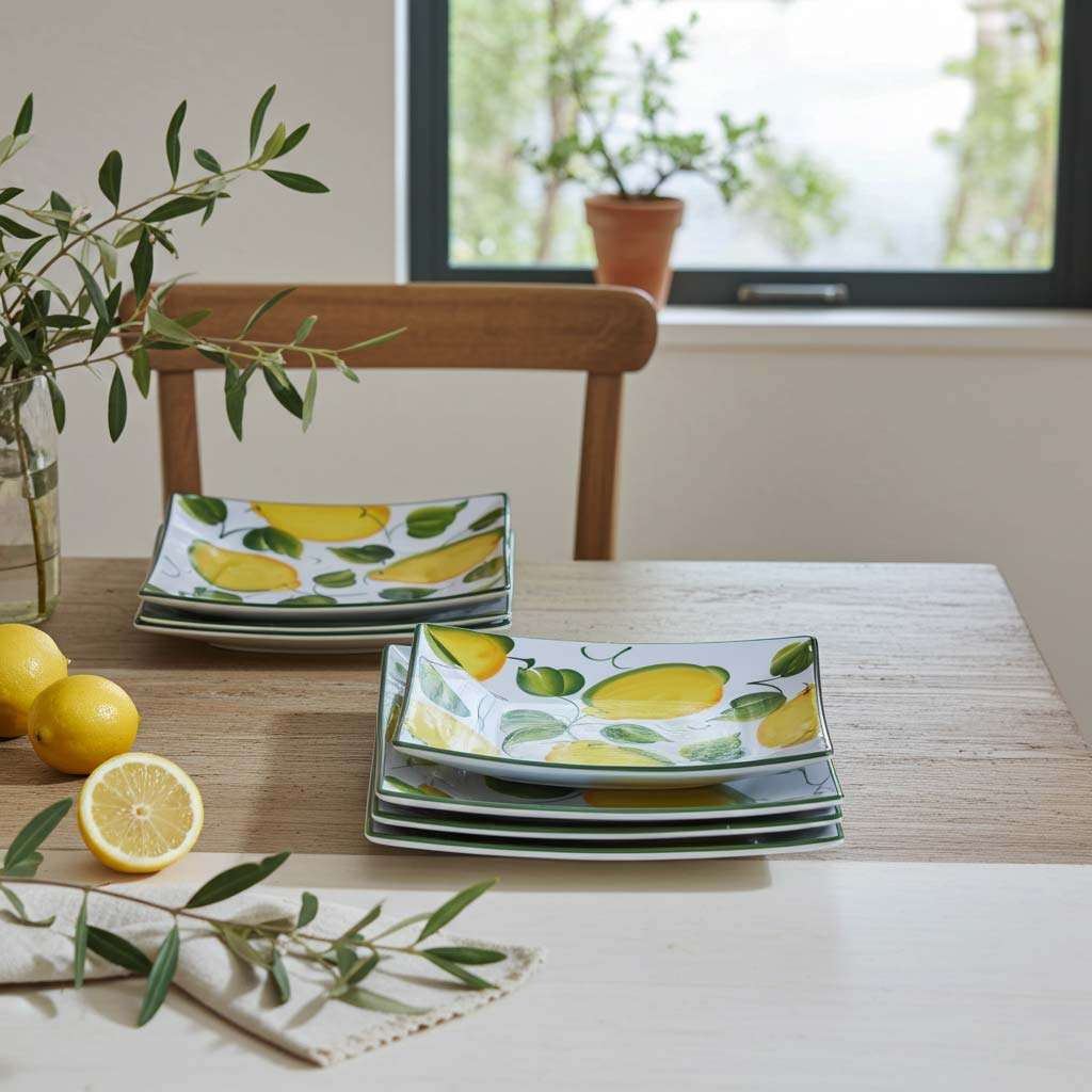 square ceramic plates with lemon and leaf design on a white background