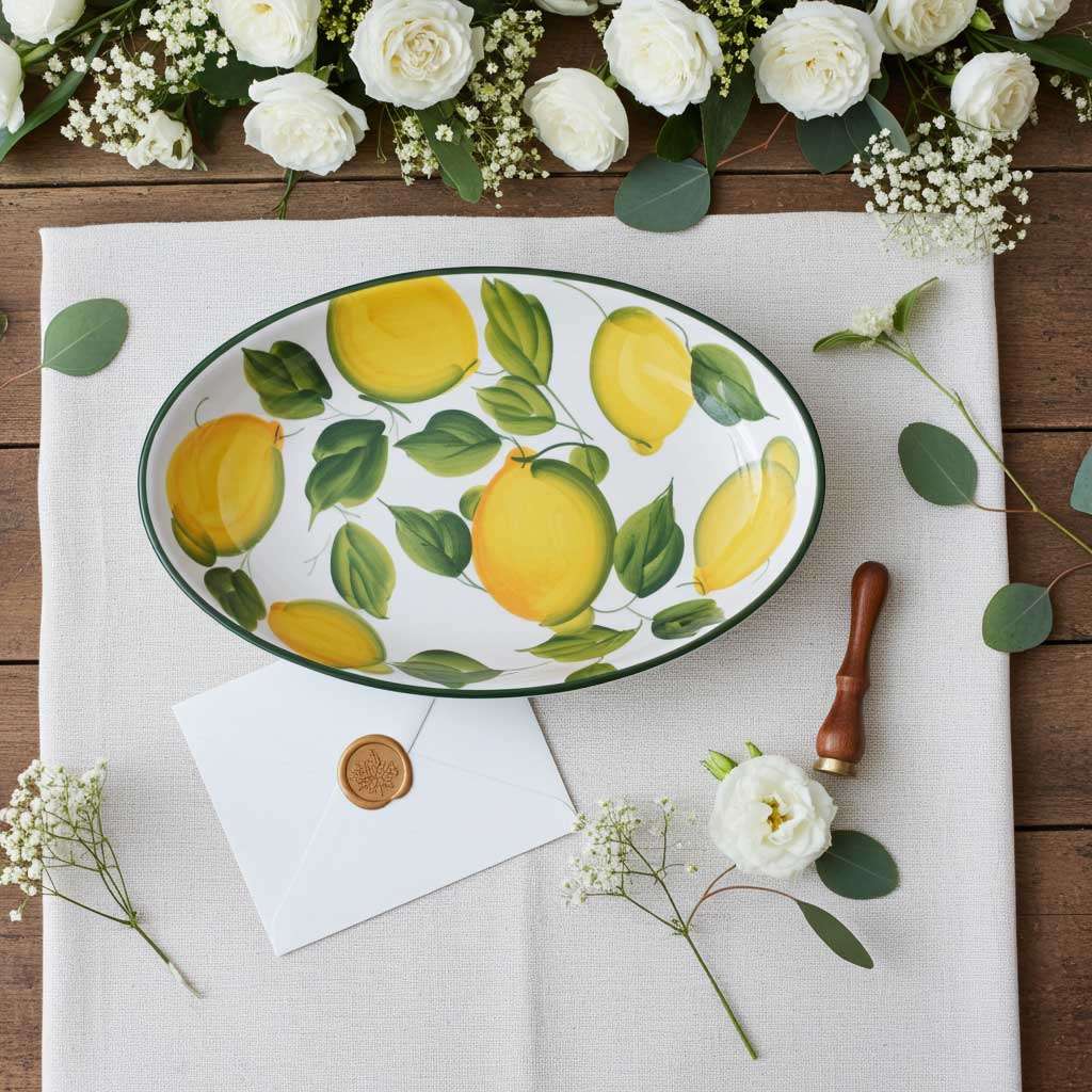 ceramic baking dish with lemon and leaf design on a white background