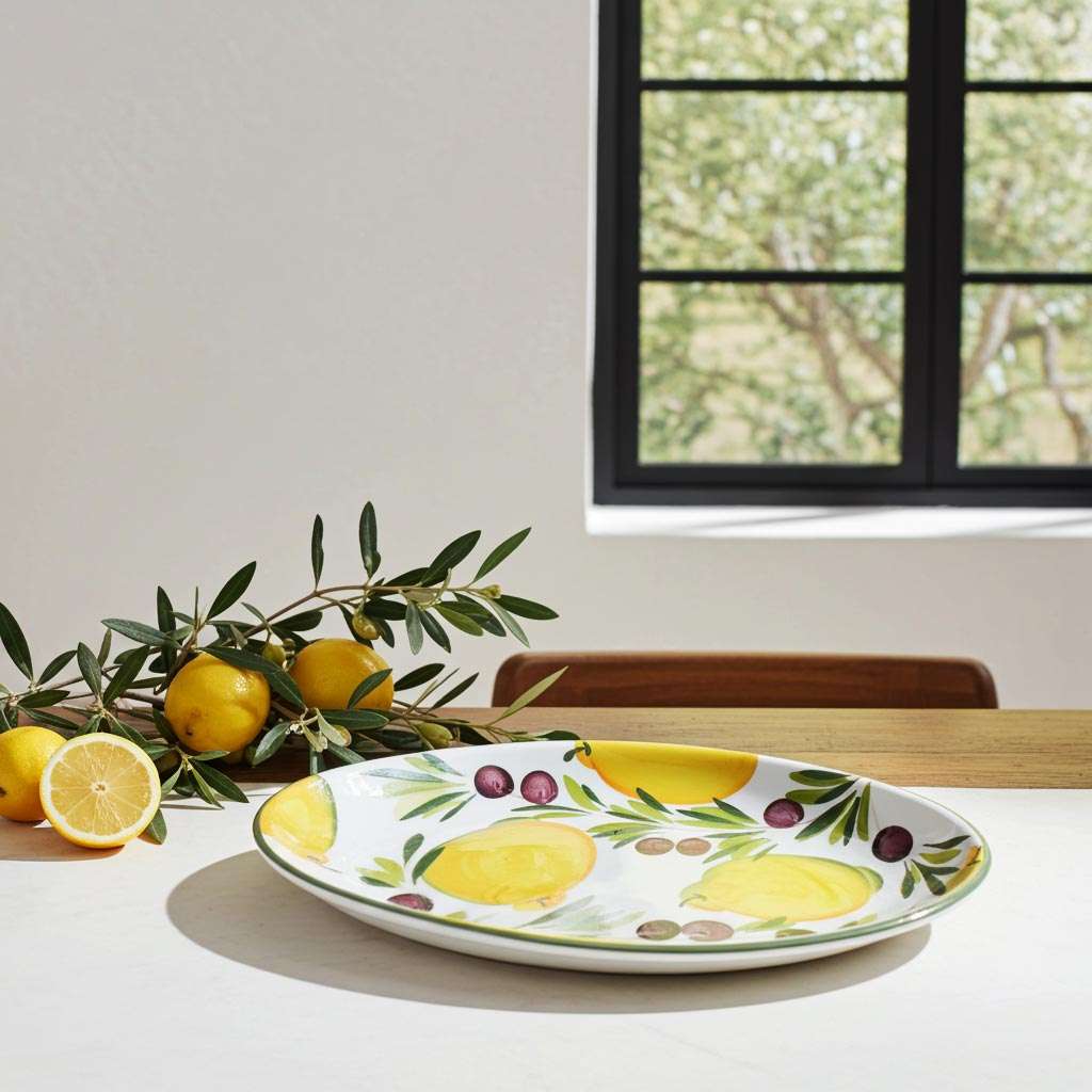 ceramic baking dish with lemon and olive design on a white background