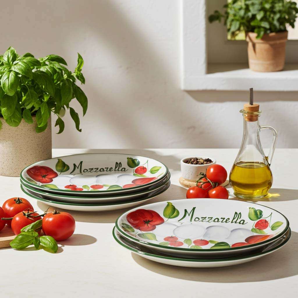 ceramic baking dishes decorated with tomato and mozzarella design on a white background