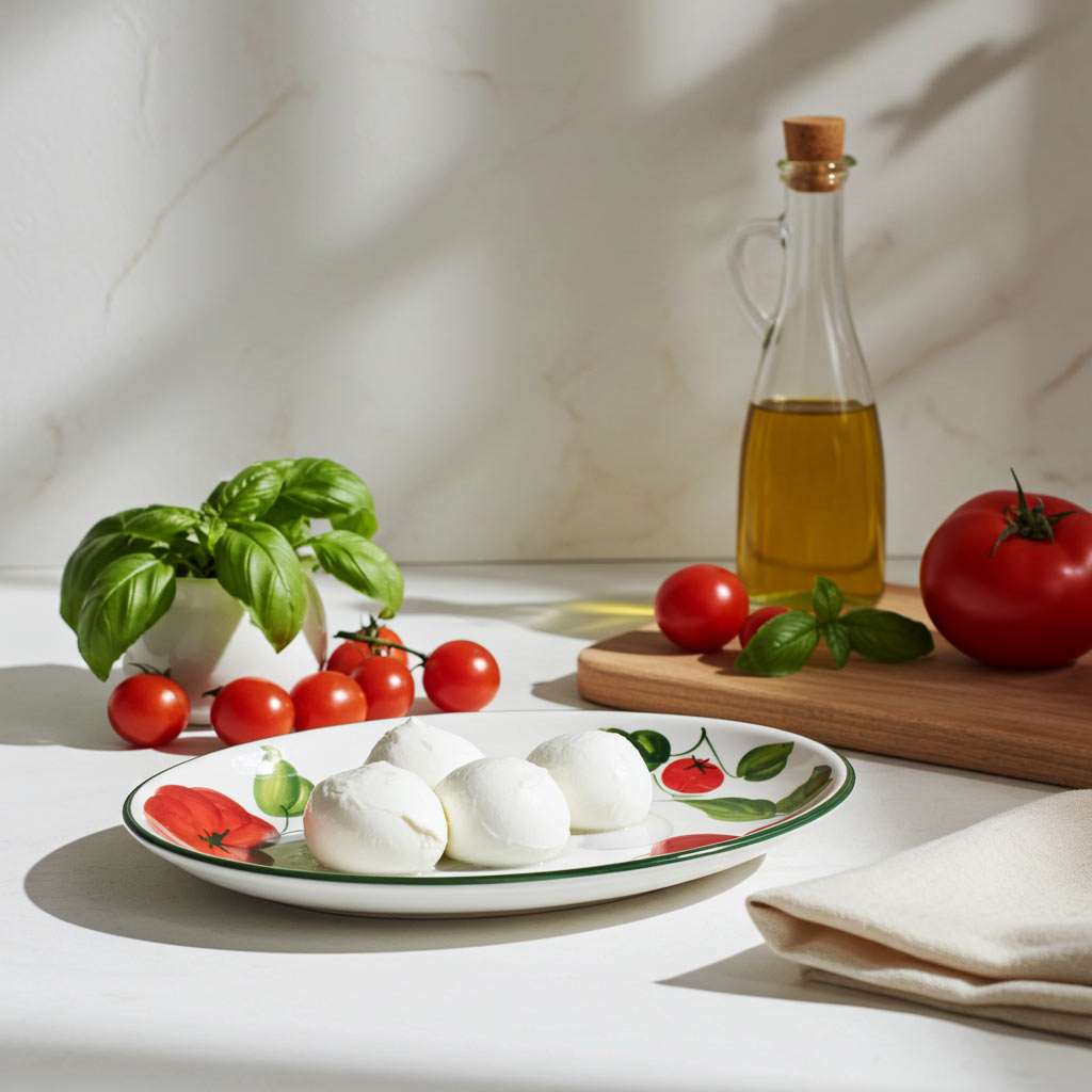 pirofile in ceramica decorate con pomodoro e mozzarella su sfondo bianco