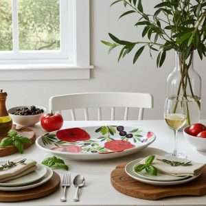 set of two ceramic baking dishes with tomato and olive design on a white background