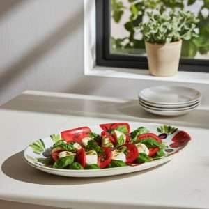 details of ceramic baking dishes with tomato and olive decoration on white background