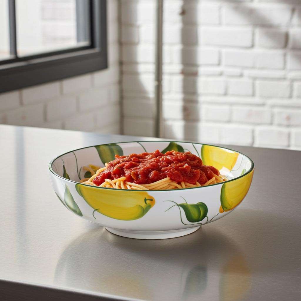 ceramic spaghetti bowl decorated with lemons and leaves on a white background
