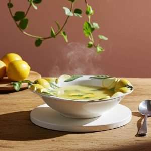 Ciotola Sottopentola con manici rialzati e in Decoro Limone con foglie su sfondo bianco