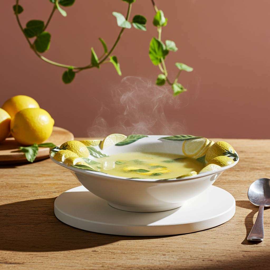Bowl under the pot with handles and lemon decor with Leaves on White Background