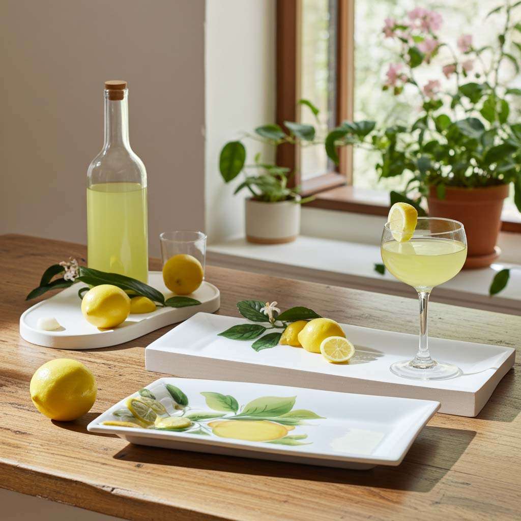 Small ceramic tray with lemon and leaf decor on a white background