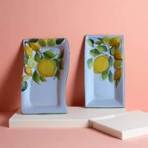 set di Vassoietto in ceramica con Decoro Limone e foglie su sfondo bianco