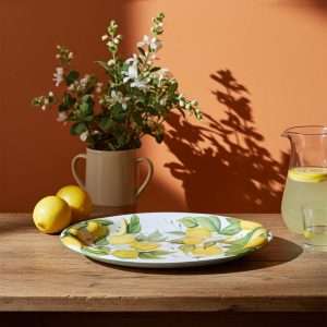 dettagli di set di piatto vassoio in rilievo con decoro limone e foglie su sfondo bianco