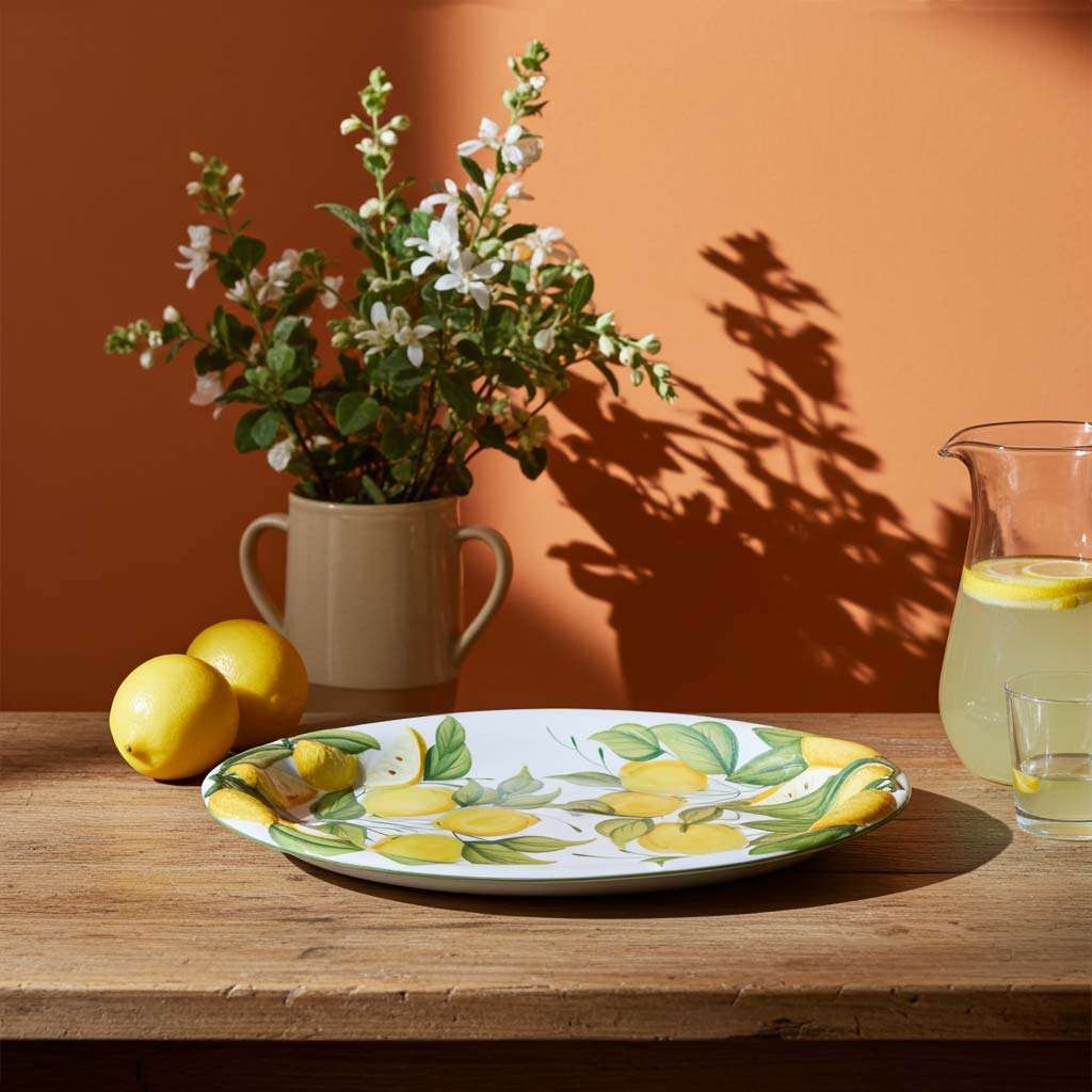 details of a set of embossed plate trays with lemon and leaf design on a white background