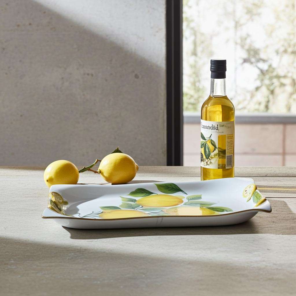 Irregular-Edged Kitchen Tray with Lemon and Leaf Design on White Background