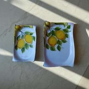 dettagli di Vassoio da cucina a Bordo Irregolare con Decoro Limone e foglie su sfondo bianco